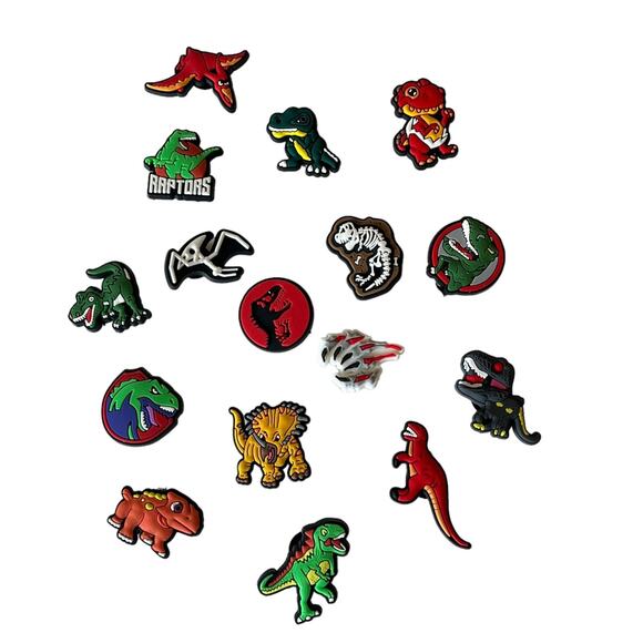 NEW Dinosaur SHOE CHARMS 14pc for Croc Clogs Zip Bags T-Rex Raptors Skeleton + - Picture 1 of 8